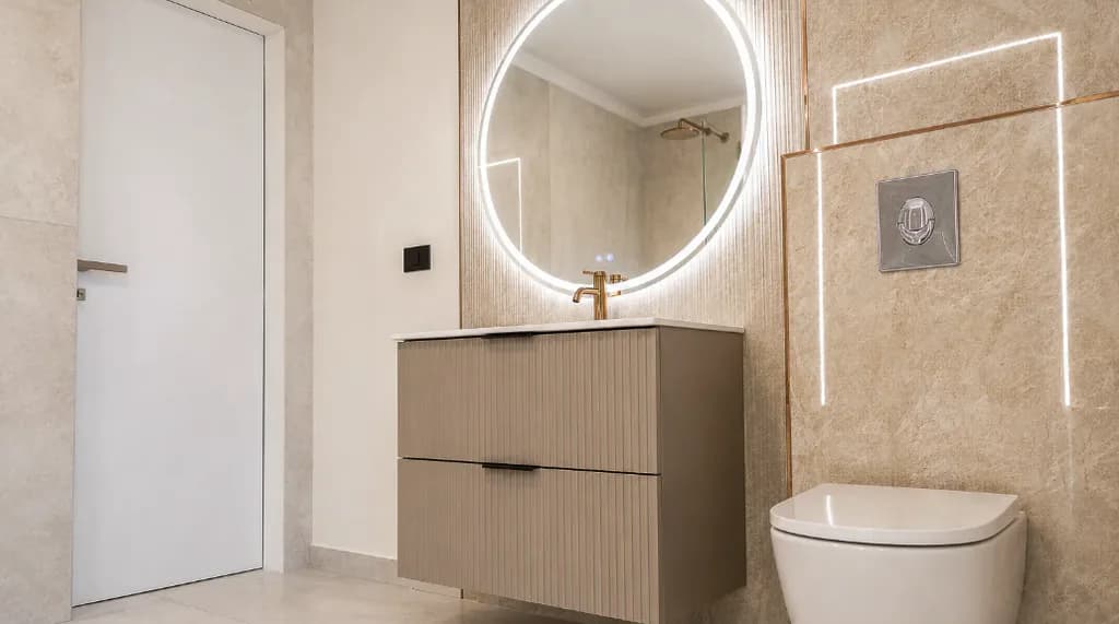 Baie finisată cu lavoar, oglindă circulară și iluminare integrată