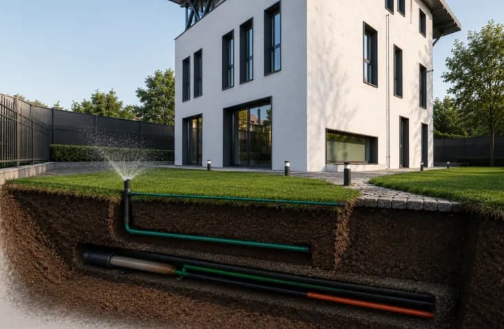 Secțiune conceptuală prin grădină, cu infrastructura exterioară și sistemul de irigație